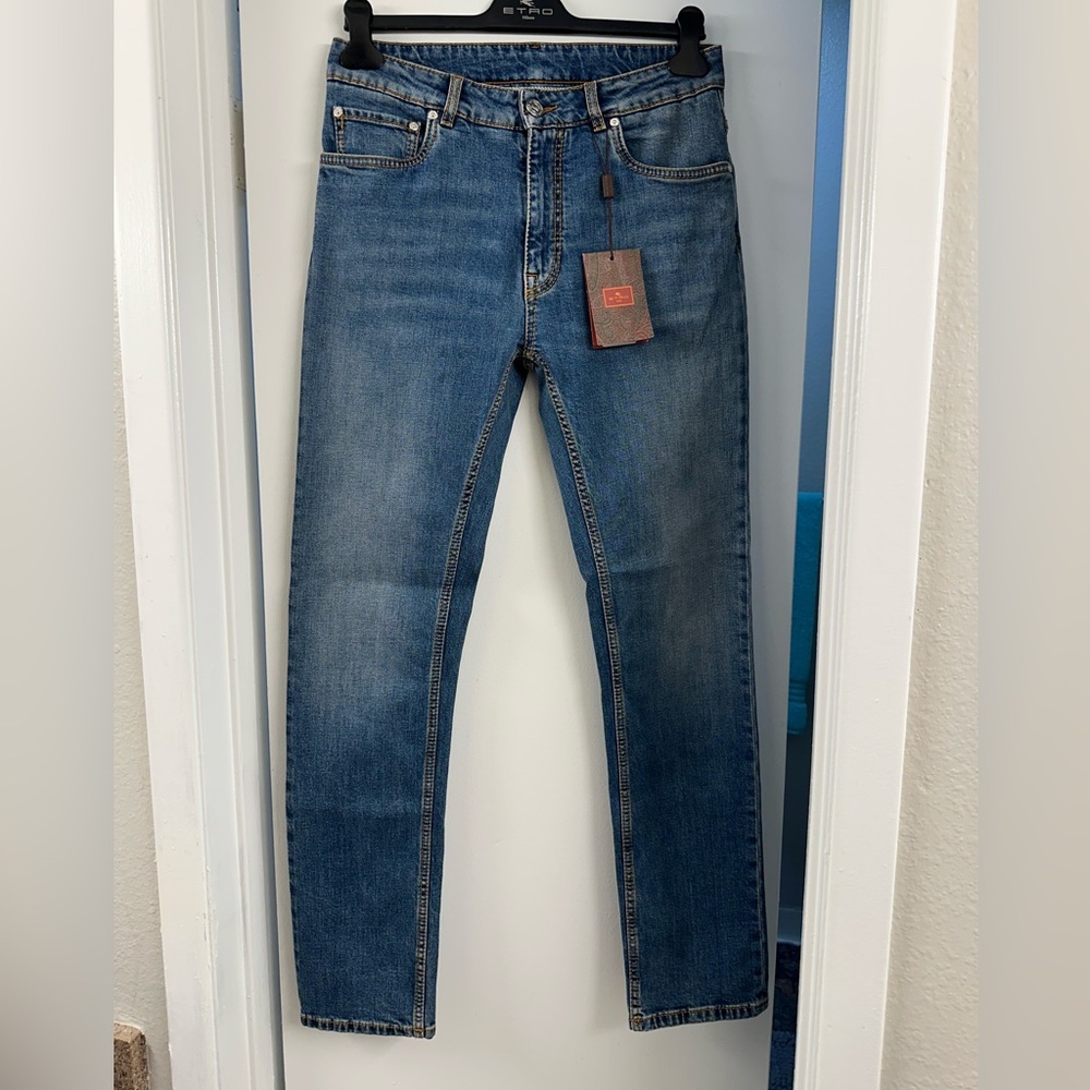 NWT $790 Etro Pegaso Embroidery Cotton stretch Jean slim fit light blue washed